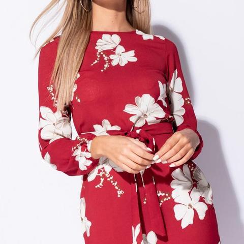 Red Floral Print Waist Tie Mini Dress