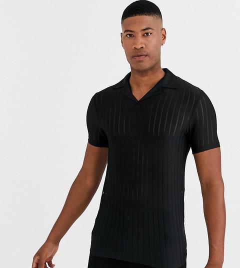 Polo Ajustado Con Solapas A Rayas Transparentes Negras De Asos Design Tall-negro