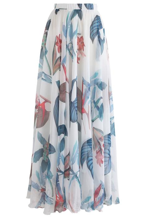 Tropical Floral Watercolor Maxi Skirt In White