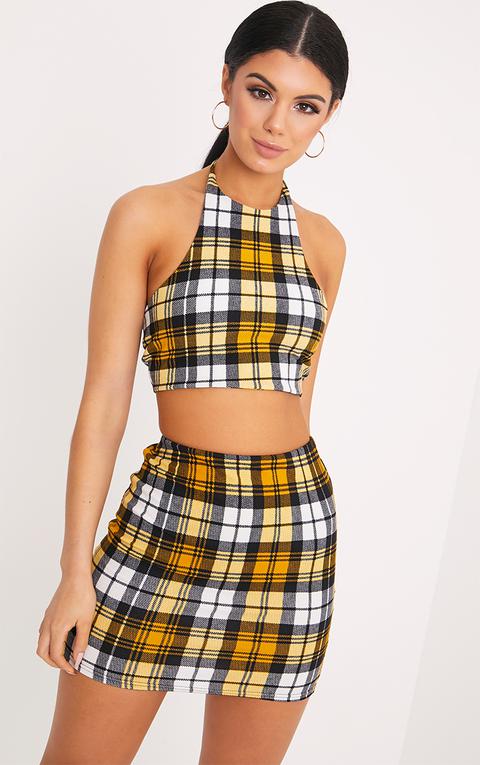 Rosa Yellow Check Print Halterneck Crop Top