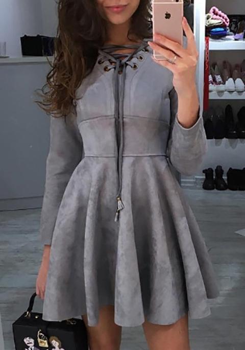 Grey Plain Drawstring Pleated V-neck Long Sleeve Mini Dress