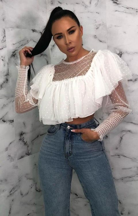 White Polka Dot Tulle Mesh Crop Top - Jennifer