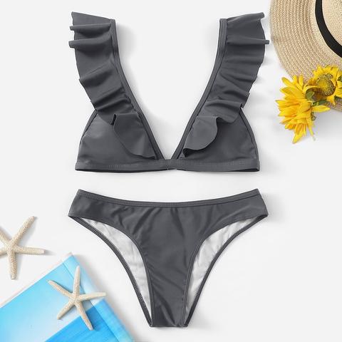 Top Triángulo Fruncido Con Set De Bikini Bragas