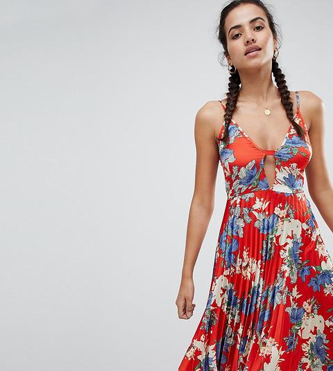 Missguided - Vestito Midi A Fiori Plissettato Con Spalline Sottili - Rosso