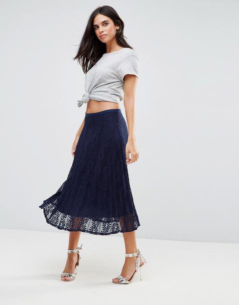 Liquorish Pleated Lace Midi Skirt-navy