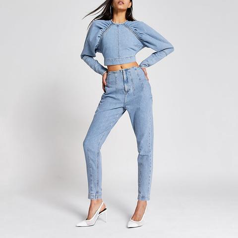 Blue Long Puff Sleeve Denim Cropped Top