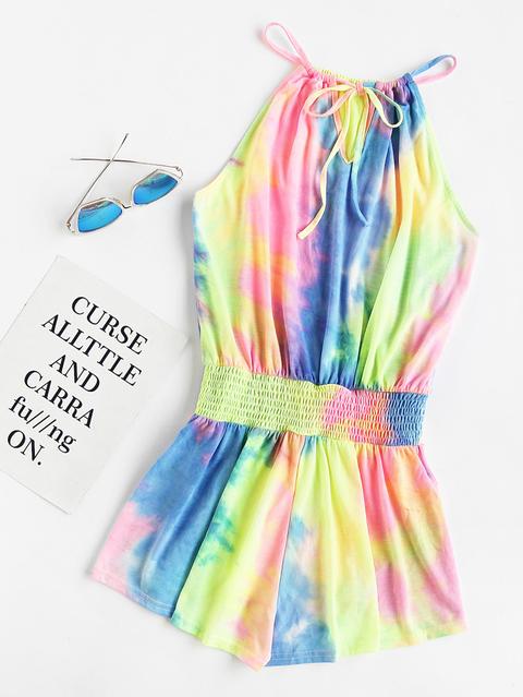 Drawstring Halter Smocked Drop Waist Pastel Tie Dye Romper