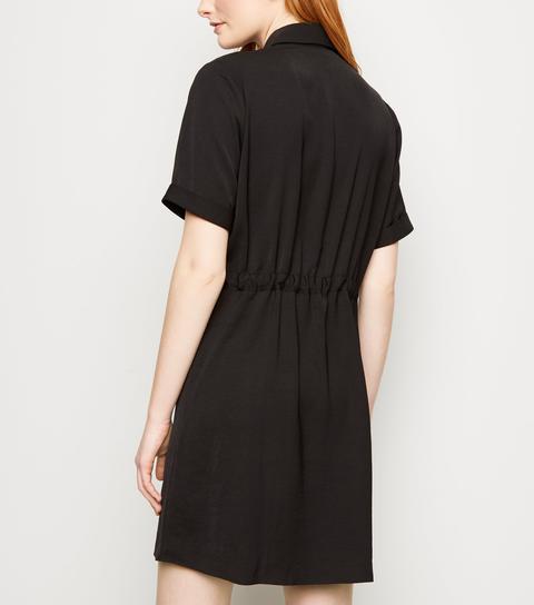 Black Twill Drawstring Waist Shirt Dress New Look