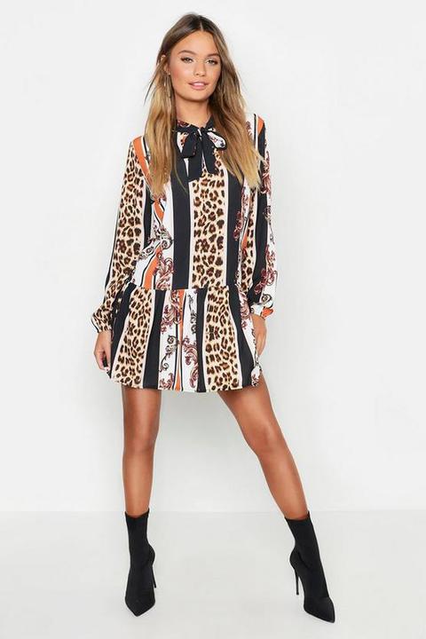 Leopard Stripe Pussy Bow Smock Dress