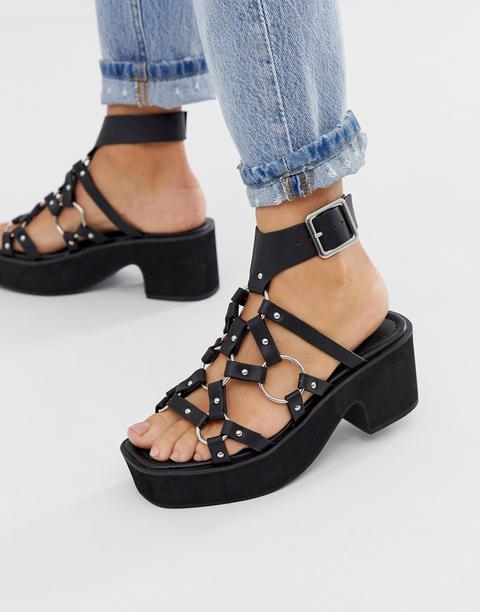 Asos Design Hooper Ring Detail Chunky Mid Heeled Sandals In Black