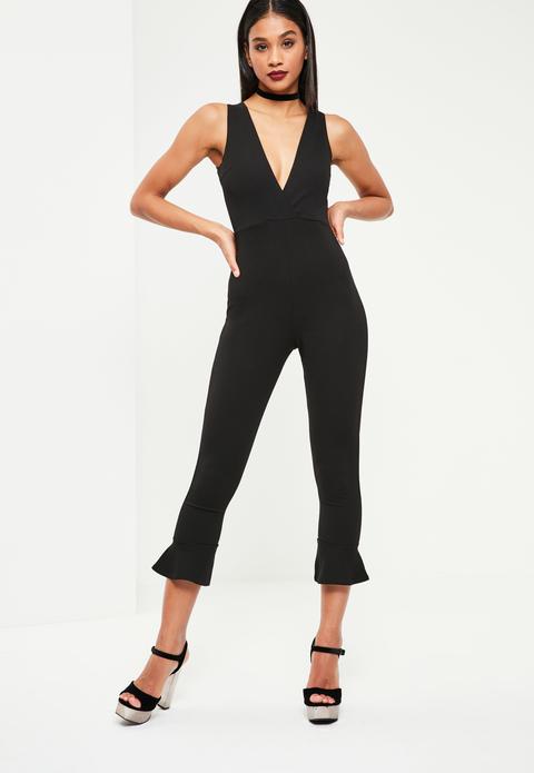 Black Flare Ankle Plunge Jumpsuit