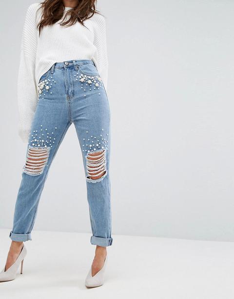 Boohoo - Jeans Con Strappi Alle Ginocchia E Perle - Blu