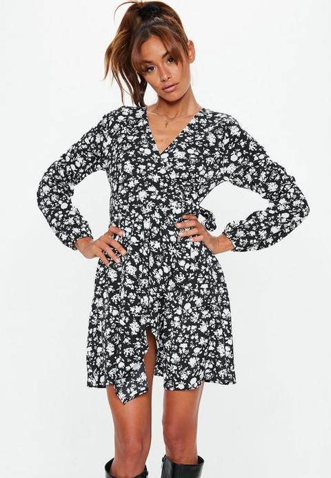 Black Floral Wrap Side Tea Dress, Black