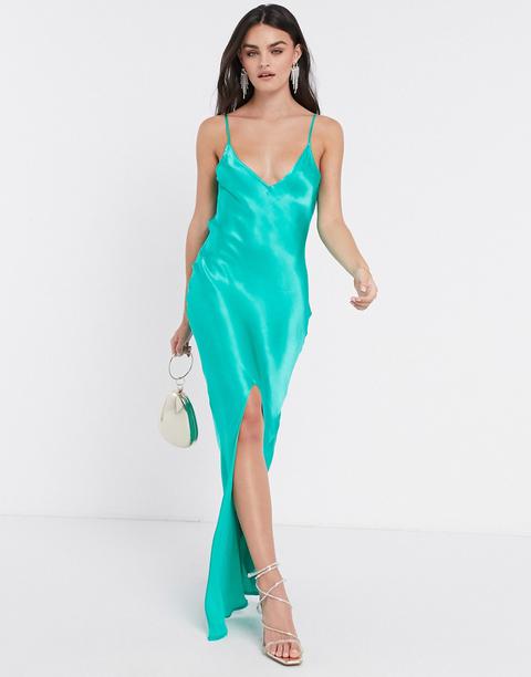 Pretty Lavish Satin Cami Maxi Dress With Split In Green