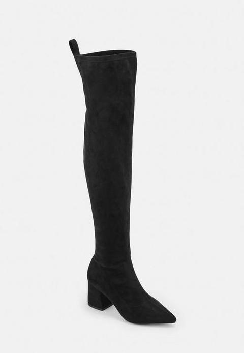 Black Mid Heel Faux Suede Over The Knee Boots, Black