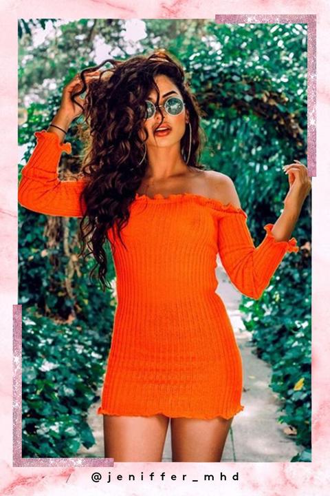 Britney Orange Bardot Knitted Mini Dress