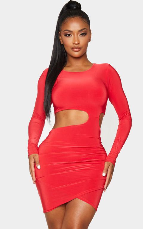 Shape Red Slinky Long Sleeve Cut Out Bodycon Dress