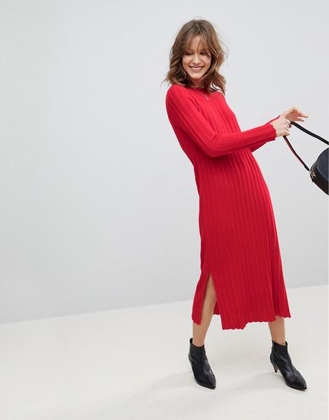 Asos - Vestito Midi A Coste Larghe Con Pieghe - Rosso