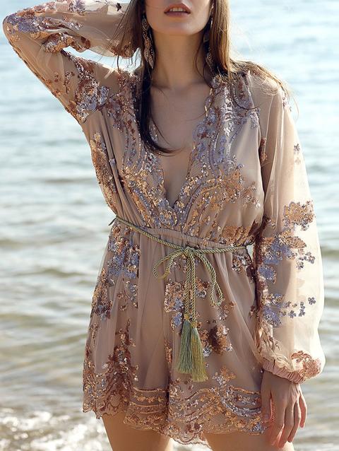 Sequins Plunging Neck Long Sleeve Waisted Romper