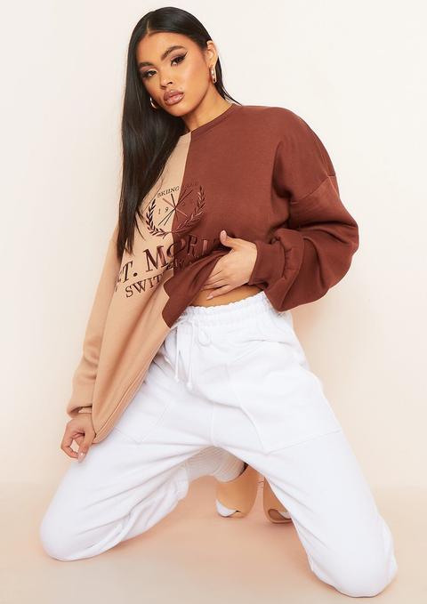 Zee Brown Spliced St Moritz Slogan Oversized Sweatshirt