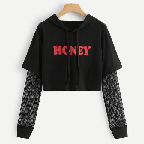 Pull A Capuche Court Avec Imprime Et Manches En Resille From Shein On 21 Buttons