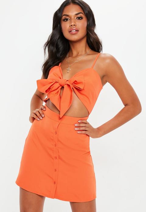 Orange Tie Front Cut Out Button Down Mini Dress, Orange