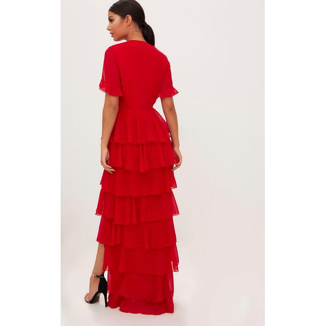 pretty little thing red chiffon ruffle dress