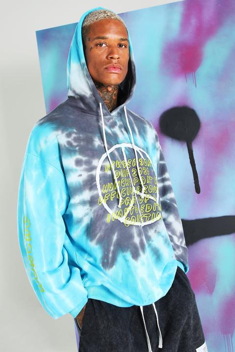 Mens Blue Quavo Peace Sign Loose Fit Tie Dye Hoodie, Blue