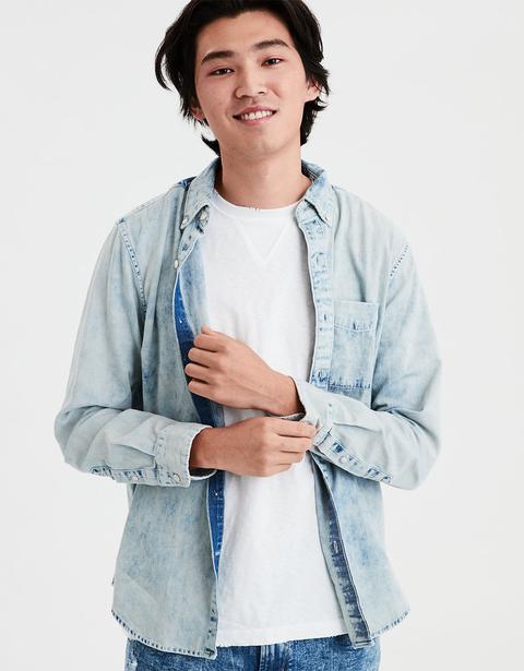 Ae Long Sleeve Acid Wash Denim Button 