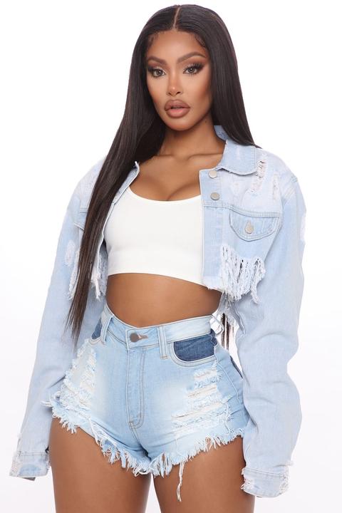 In The Moment Fringe Crop Denim Jacket - Light Wash