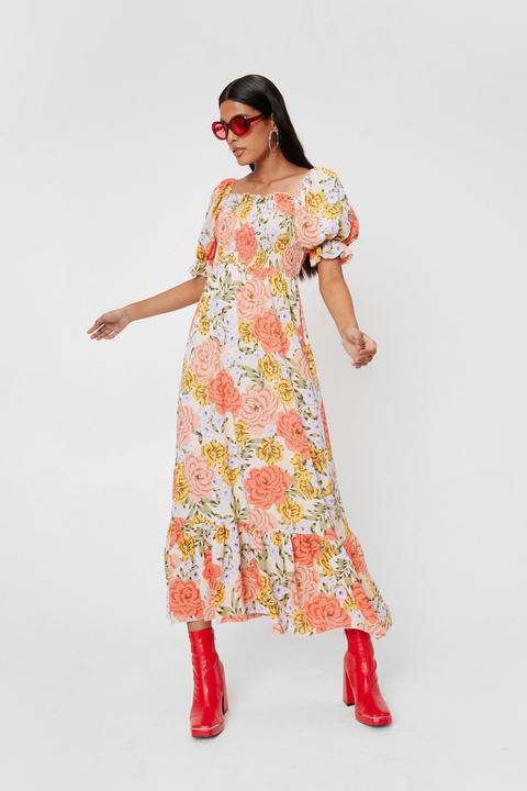 Womens Floral Square Neck Shirred Maxi Dress