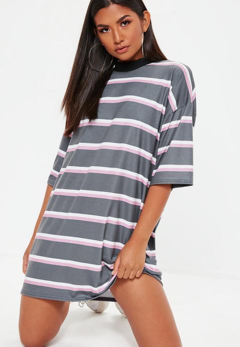 Grey Oversized Stripe T Shirt Dress, Grey