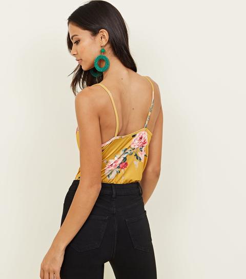 Yellow Floral Slinky Wrap Front Bodysuit New Look