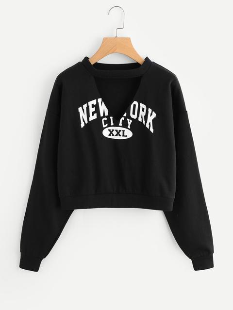 Cut Out Choker Neck Slogan Print Crop Pullover