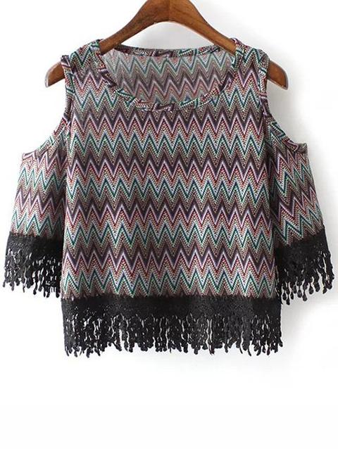 Cold Shoulder Round Neck Zig Zag Print T-shirt