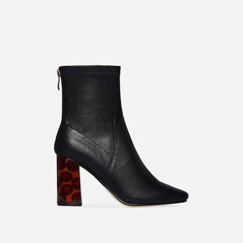 Demi Contrast Heel Ankle Boot In Black Faux Leather, Black