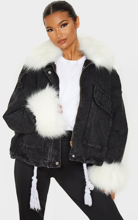 Black Faux Fur Trim Denim Jacket