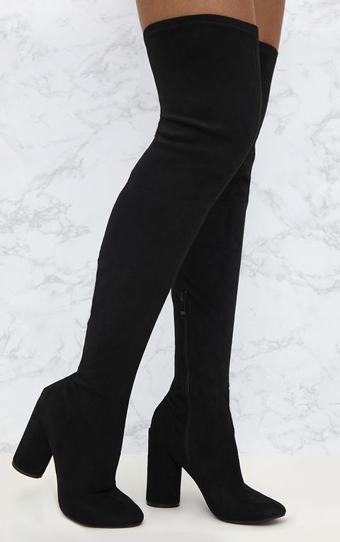 Black Faux Suede Thigh High Round Heeled Boots, Black