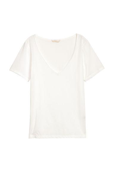 H & M - T-shirt In Cotone Scollo A V - Bianco