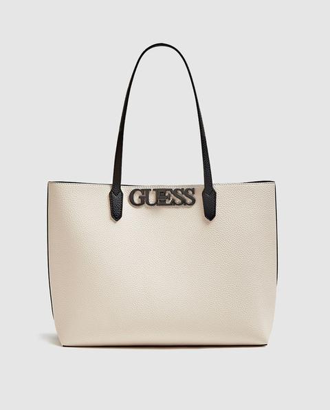 Guess - Tote Bicolor En Crema Y Negro Con Bolsito Extraíble