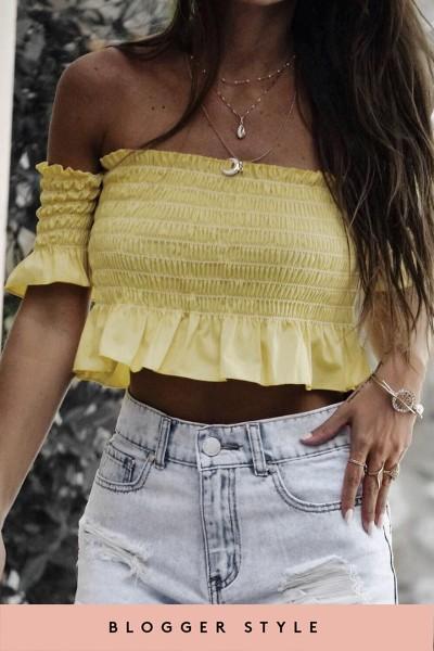 Ella Yellow Elasticated Bardot Crop Top