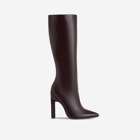 Edie Pointed Toe Thin Block Heel Knee High Long Boot In Dark Brown Faux Leather, Brown