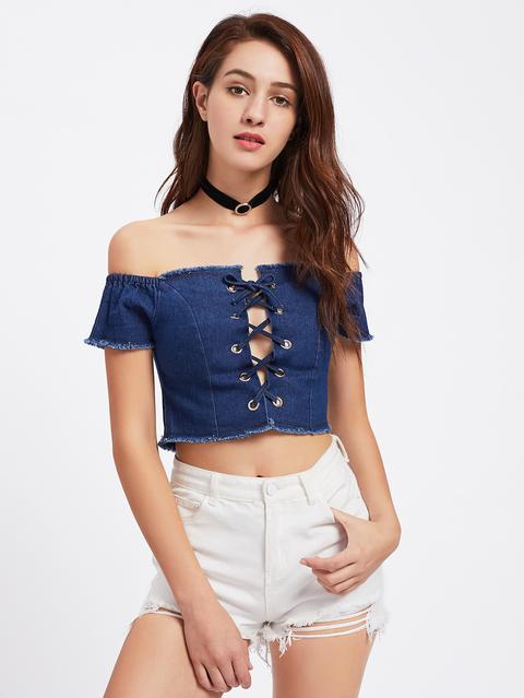 Bardot Grommet Lace Up Raw Trim Crop Top