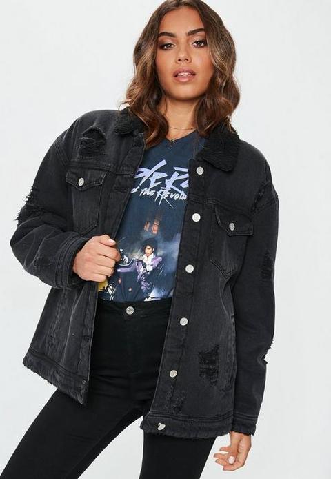 Black Borged Lined Denim Trucker Jacket, Black