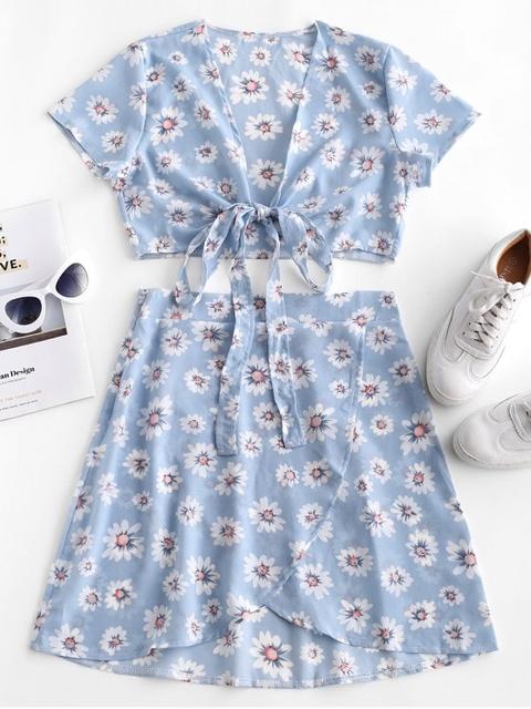 Vestido Corto De Dos Piezas Con Lazo Floral Superpuesto Floral Pastel Blue