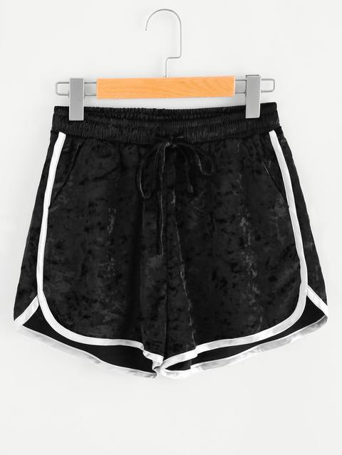 Velvet Contrast Trim Drawstring Waist Shorts