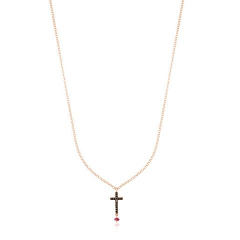 Collar De Plata Vermeil Rosa, Espinela Y Rubí Motivo Cruz Motif