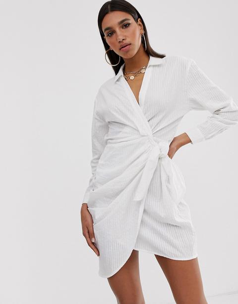 Asos Design Twist Collar Wrap Casual Mini Dress-white