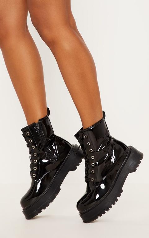 Black Patent Chunky Sole Lace Up Ankle 