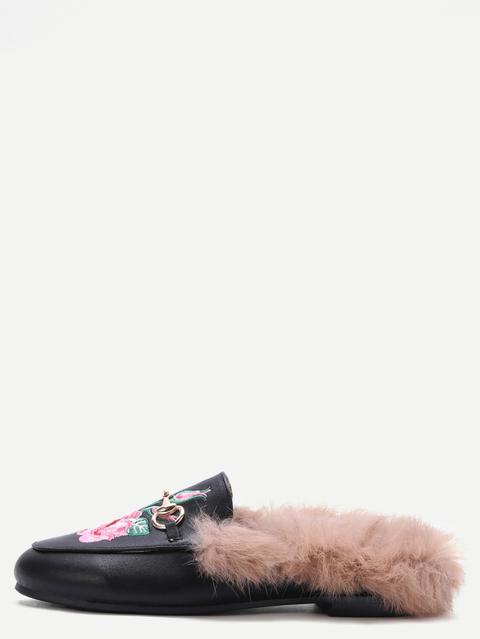 Black Rose Embroidered Pu Fur Trim Loafer Slippers